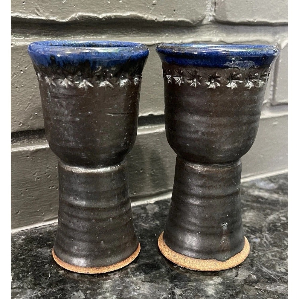 Handmade Studio Pottery Goblets Pair Gunmetal Cobalt Blue Stoneware Chalice 4oz - Picture 1 of 16
